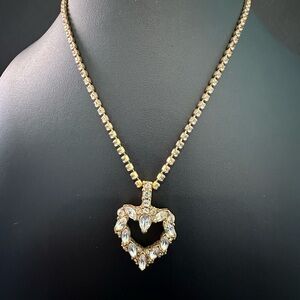 Vintage Monet Rhinestone Heart Necklace Gold Tone 16”